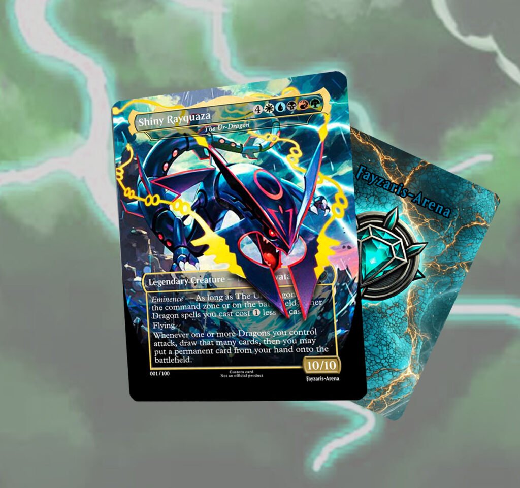 Custom Magic: The Gathering proxy card featuring Shiny Rayquaza as The Ur-Dragon. Legendary creature card with full-art illustration, custom MTG layout, and gold foil power/toughness box. Designed as part of a 100-card Commander deck with Pokémon dragon theme.