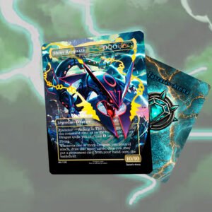 Custom Magic: The Gathering proxy card featuring Shiny Rayquaza as The Ur-Dragon. Legendary creature card with full-art illustration, custom MTG layout, and gold foil power/toughness box. Designed as part of a 100-card Commander deck with Pokémon dragon theme.